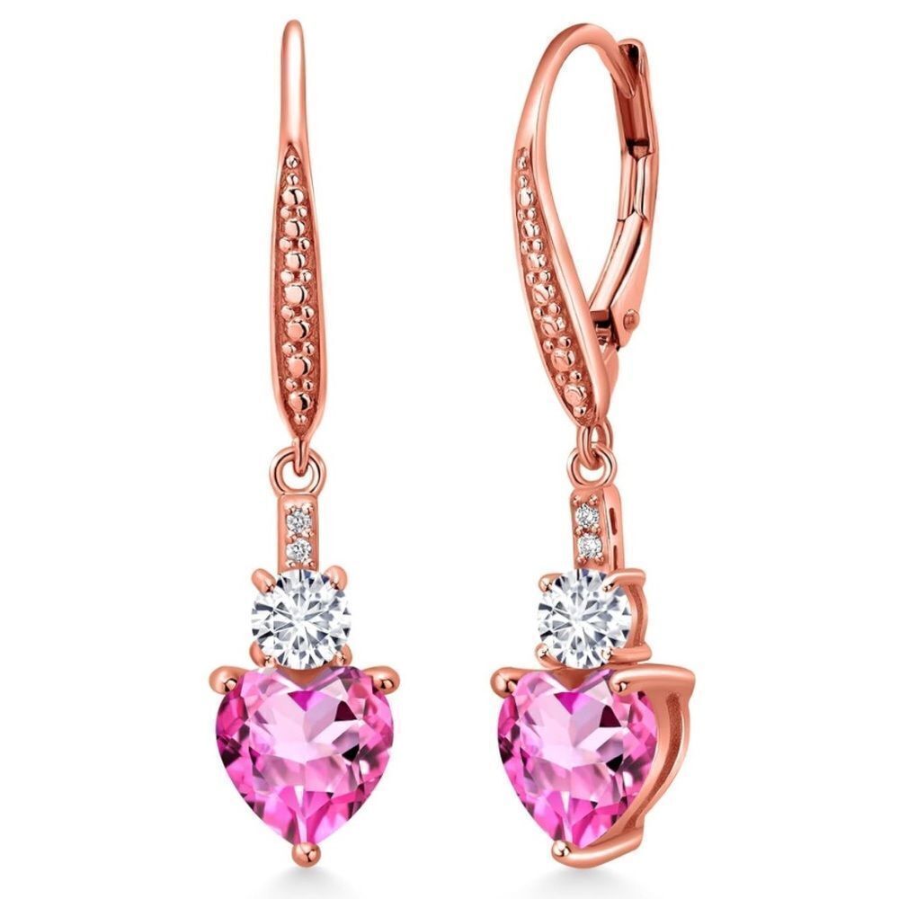 18K Rose Gold with 3.17 Cttw Pink Mystic Topaz and Diamond Heart Drop Earrings